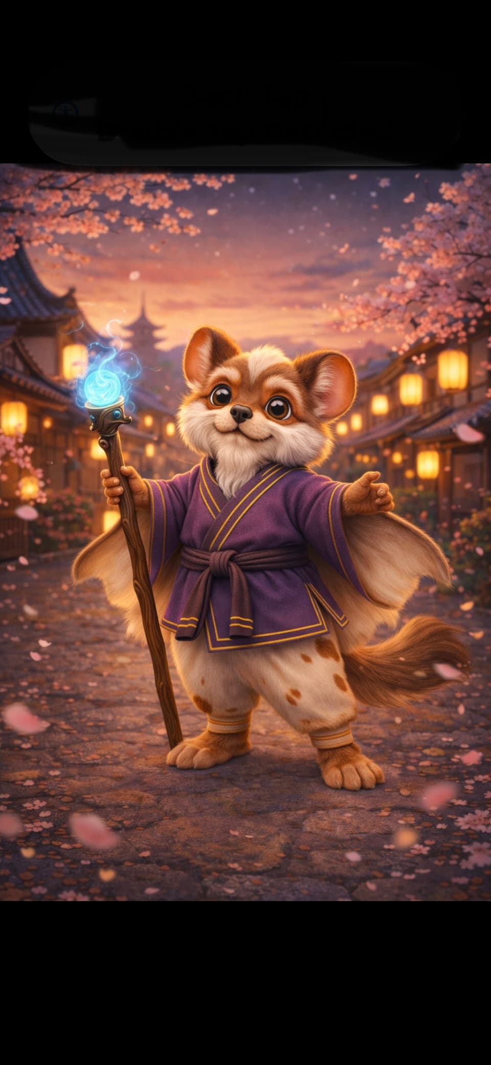 Kiko smiling in a purple robe on a lantern-lit Blossom Hills path, holding a long staff topped with a glowing blue light.