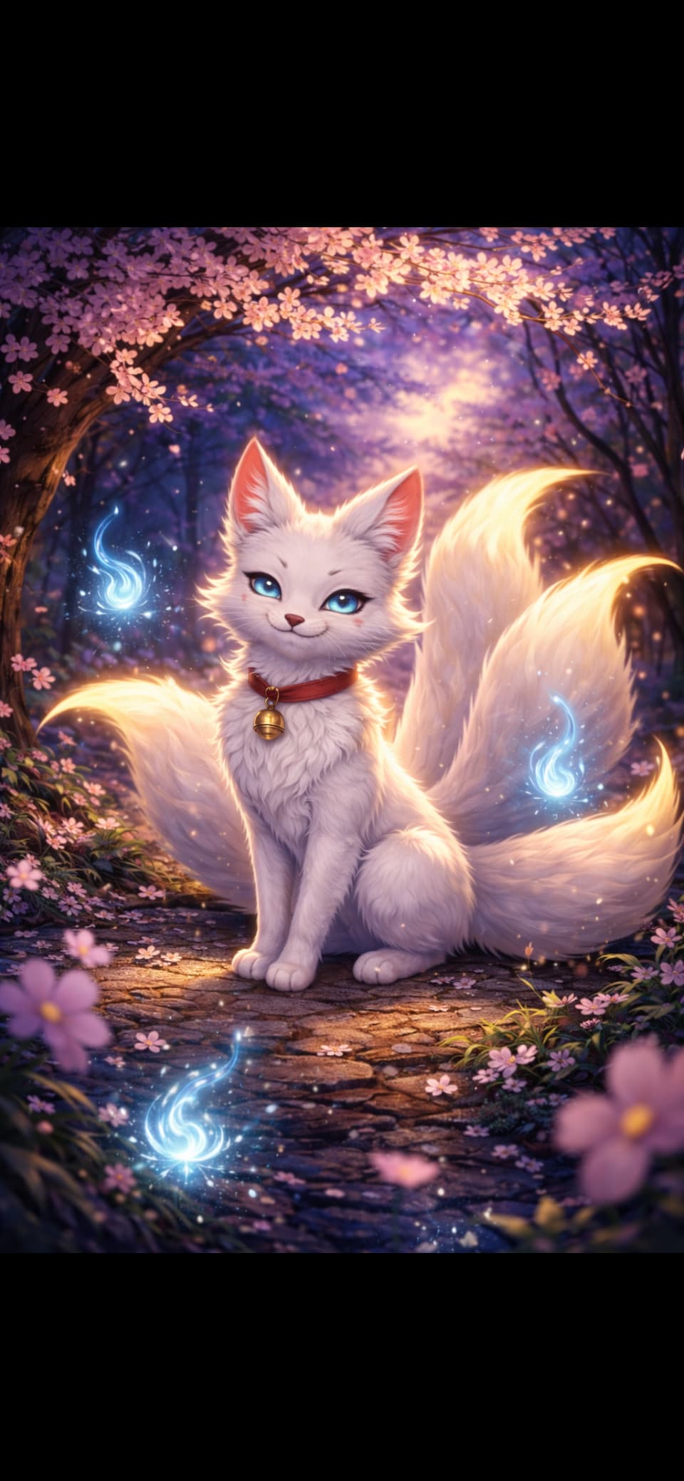 Sooni beneath cherry blossoms, with snowy-white fur, blue eyes and flowing gold-lit tails, surrounded by small blue flames.