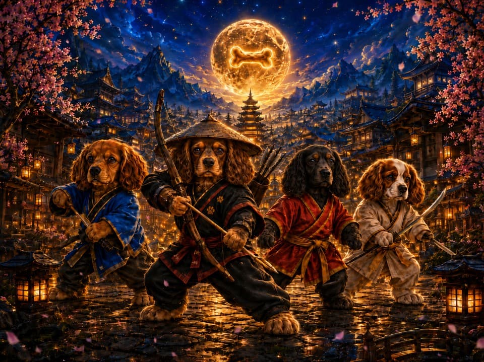 Baxter, Bailey, Max and Daisy together in the lantern-lit village of Blossom Hills